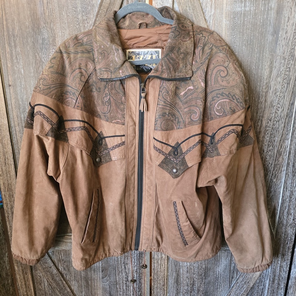Izzi Jacket Men's Size Medium Light Brown Leather Suede Paisley Western Vintage